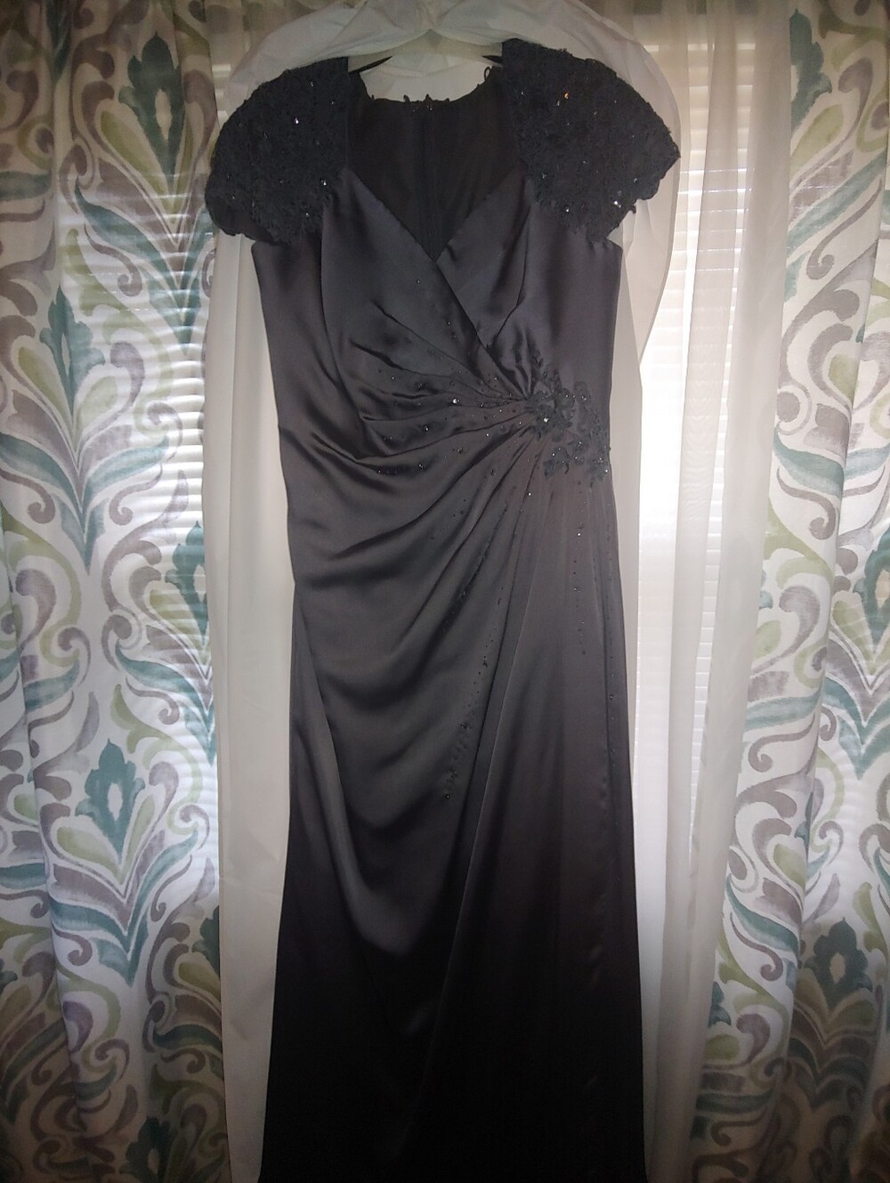 Jade Gunmetal Blue Satin Evening Gown with Embellished Cap Sleeves